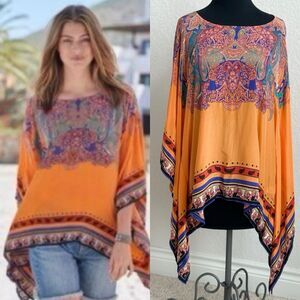 Sundance Sunrise Boho Paisley Silk Like Caftan Poncho Top Women’s One Size Artsy